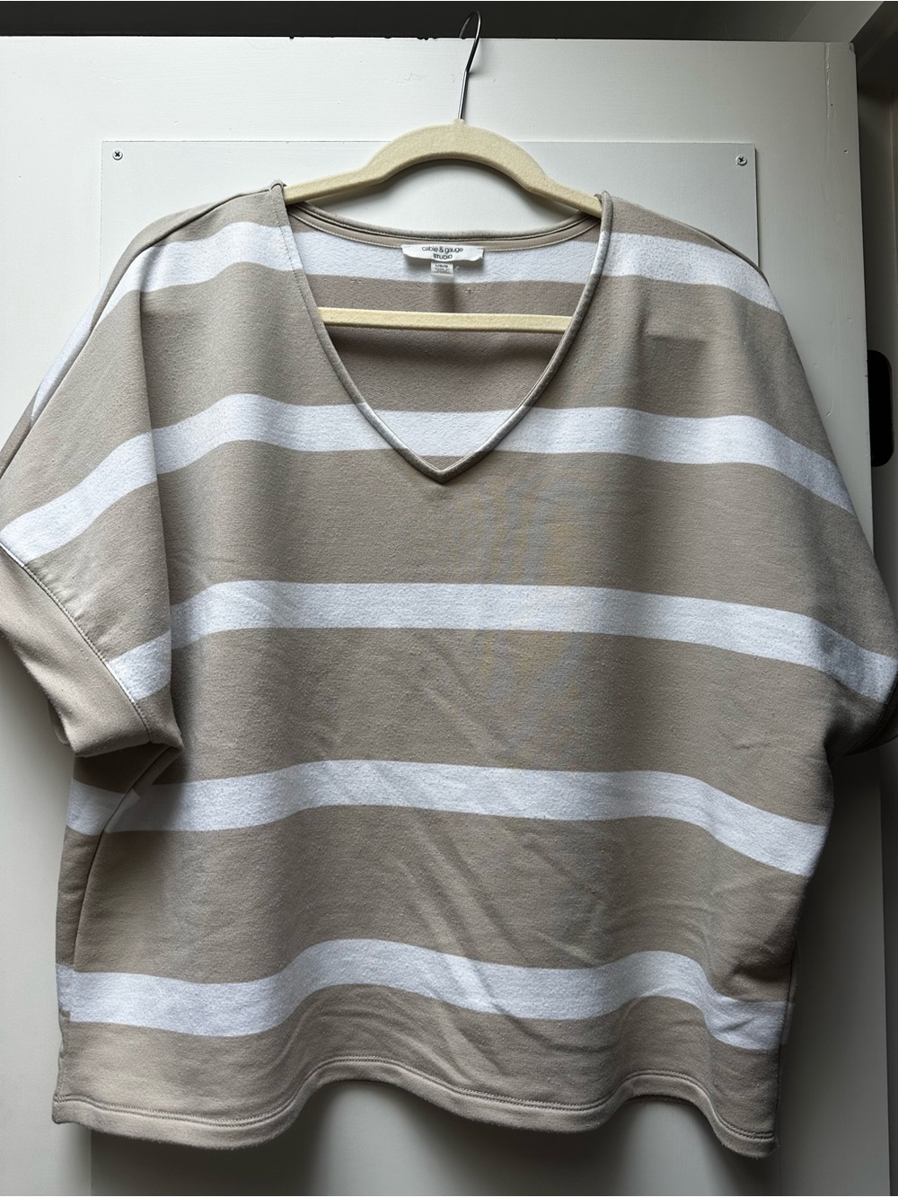 Cable & Gauge Taupe and White Striped V-Neck Top